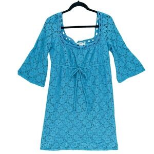 Laundry by Design Cerulean Blue Lace Lined Babydoll Dress S Bell Sleeves